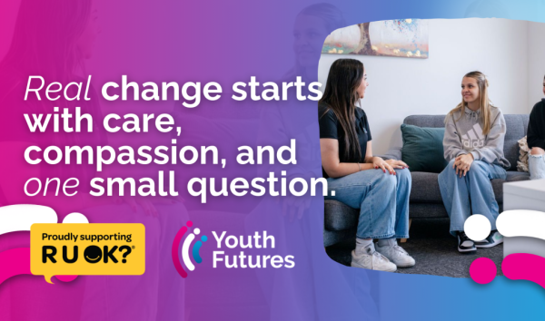 RUOK and Youth Futures Banner with young people talking