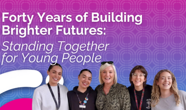 Banner with five women standing for the 40 year anniversary of youth futures