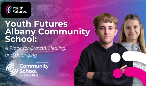 Two children on the banner for the youth futures albany community school