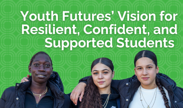 Three young people on a green banner