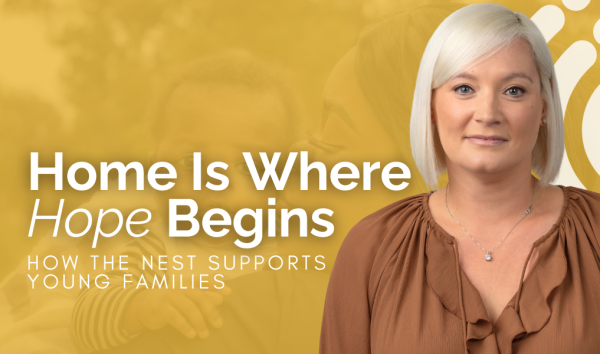 Woman in front of yellow banner for how nest supports young families