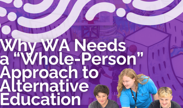 Youth futures worker working with two children in front of purple banner